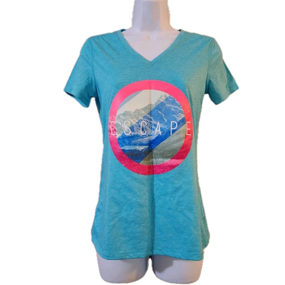 Athletic Works Womens Graphic V-Neck Tee Size XS 0-2 Blue Escape Short Sleeve